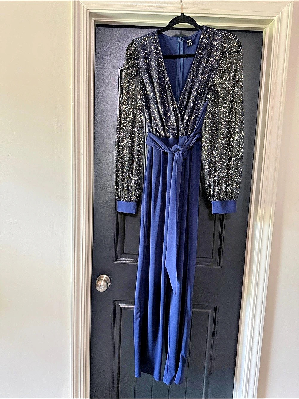 SHEIN Glitter Mesh Long Sleeve Wrap Belted Jumpsuit Blue & Black